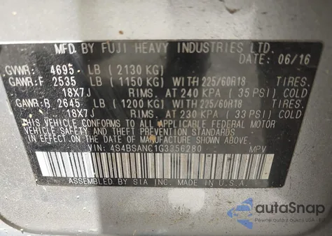 2016 Subaru Outback 2.5I Limited z USA, uszkodzony, nr VIN 4S4BSANC1G3356280